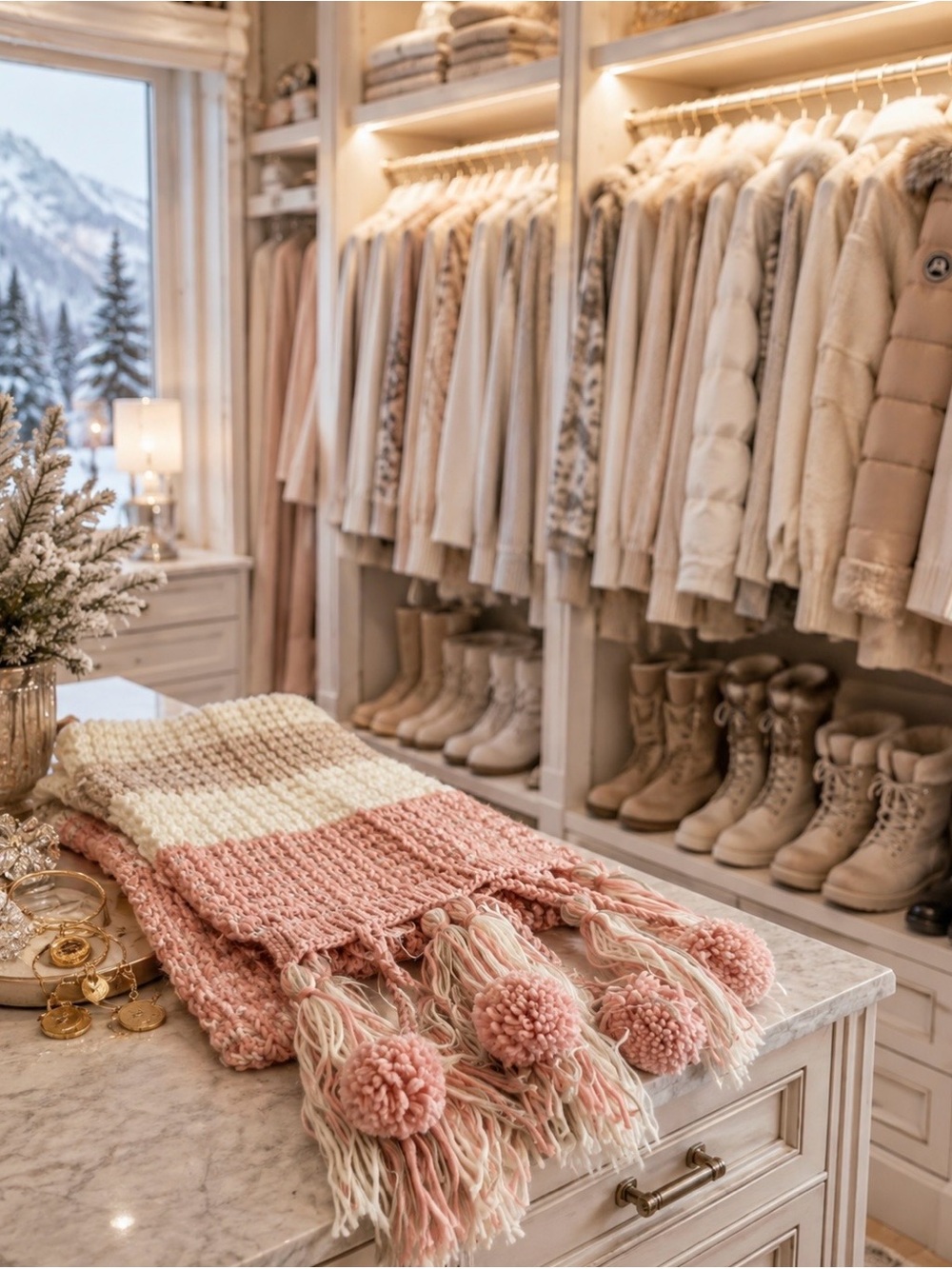 Anna Pastel Peach White Long Pom Pom Fringe Scarf